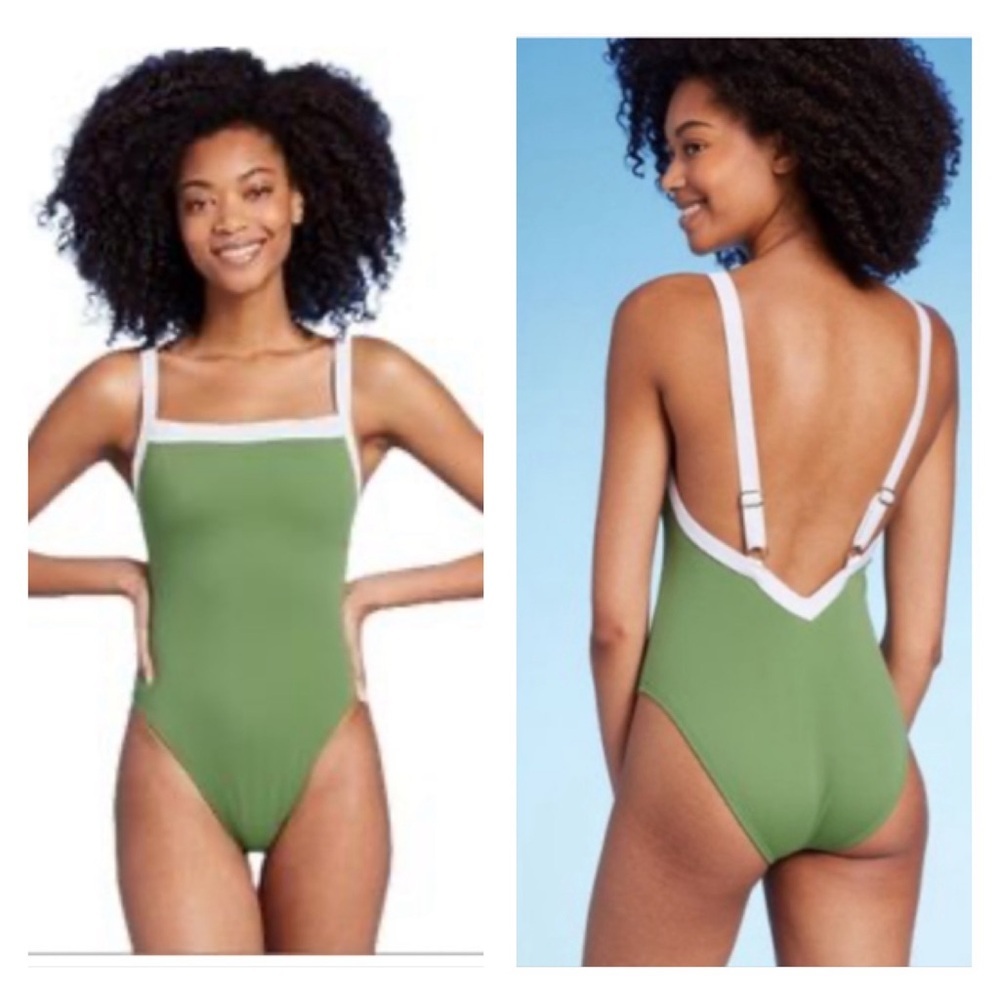 NWT Shade & Shore™ Olive Green‎ Square Neck Wide Binding One Piece Swimsuit SZ S
